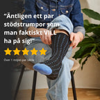 Person putting on black Diasocks compression socks with blue details, with five-star review graphic and text highlighting over 1 million pairs sold.