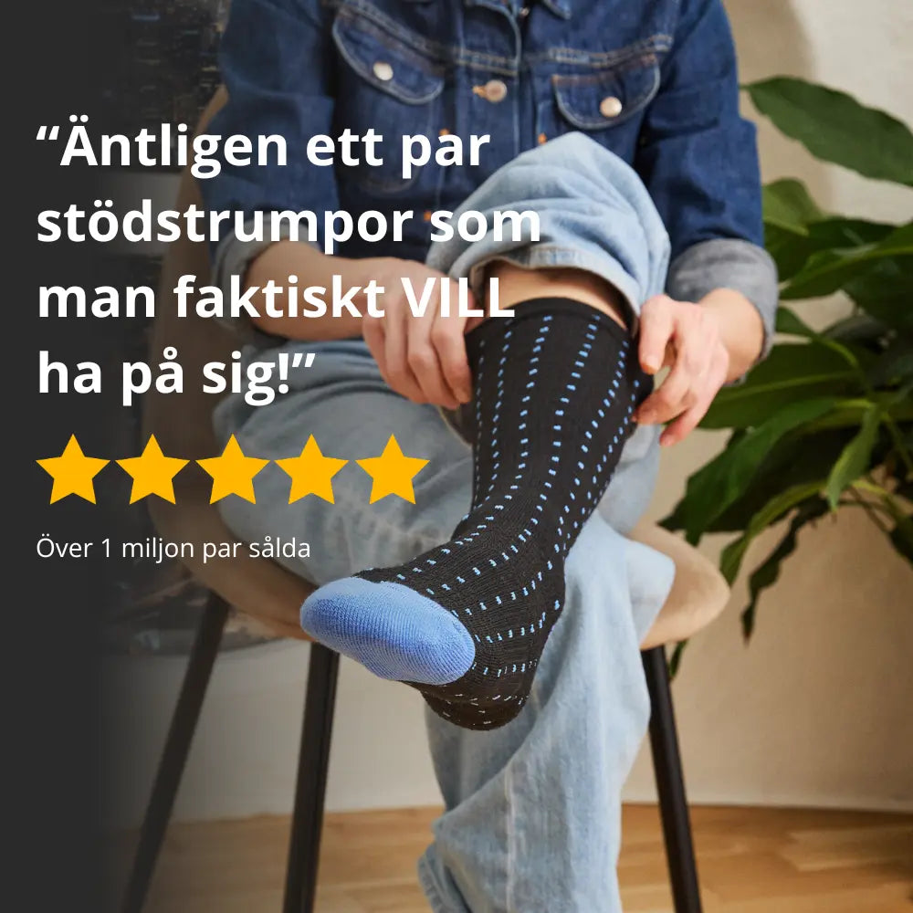 Person putting on black Diasocks compression socks with blue details, with five-star review graphic and text highlighting over 1 million pairs sold.